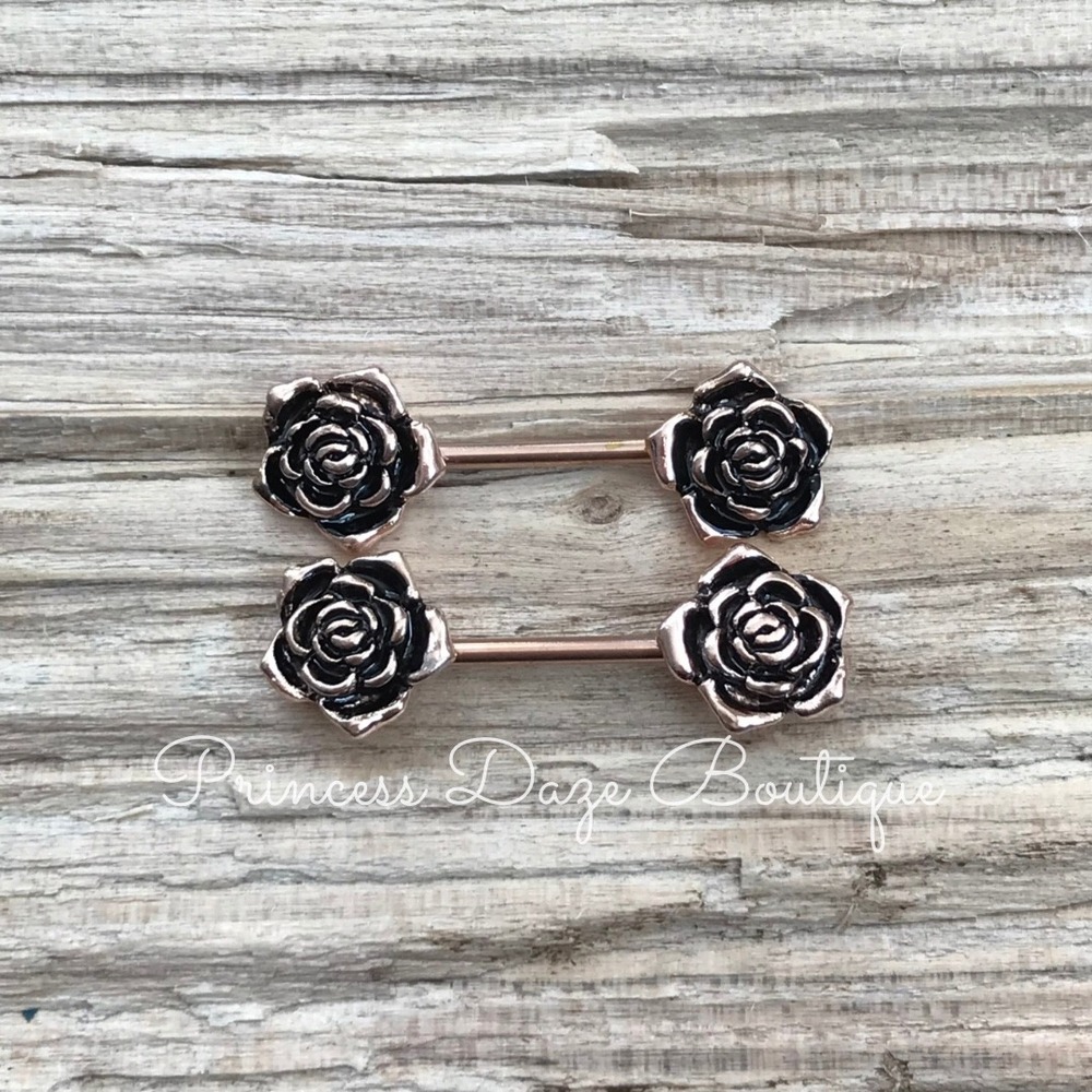 Rose Gold Antique Rose Flower‎ Nipple Ring Barbell Set Body Jewelry